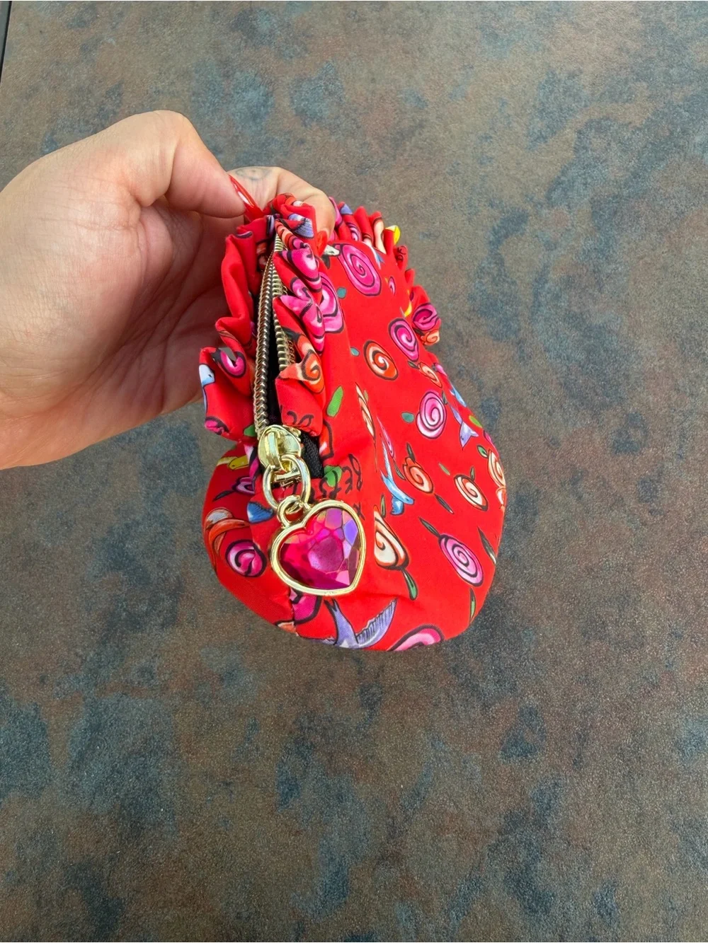 Betsey Johnson Red Cosmetics Pouch With Heart Gem Zipper